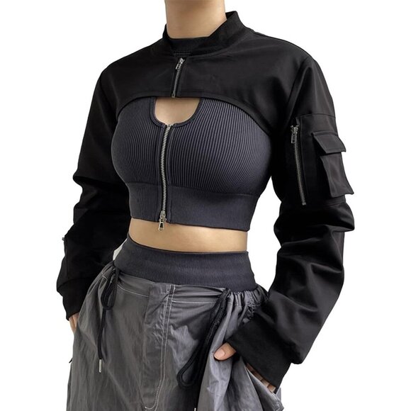 Tops - Reflective Rave Crop Top Long Sleeve Shrug for Women Nightclub Party